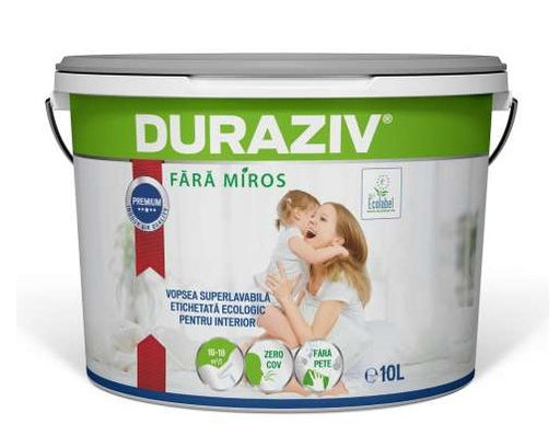 DURAZIV FĂRĂ MlROS ECOLABEL, cu Kauciuc® VOPSEA SUPER LAVABILĂ ALBĂ ŞI BAZĂ DE COLORARE